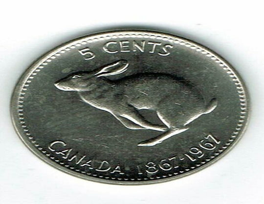 1967 Canadian Centennial 5 Cents Rabbit Nickel BU