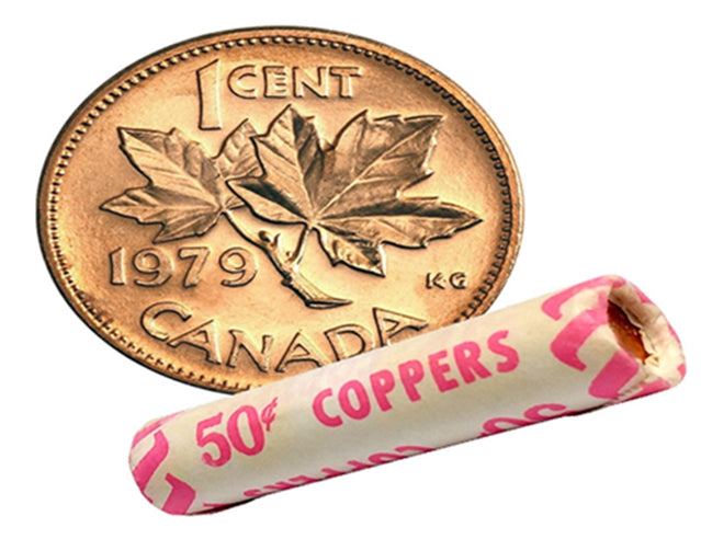 1979 Kanadische 1-Cent Maple Leaf Twig Penny Münzrolle – 50 Münzen BU