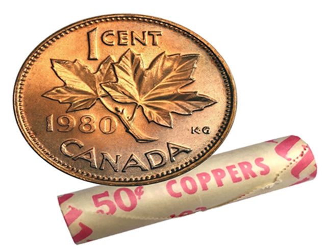 1980  Canadian 1-Cent Maple Leaf Twig Penny Coin Roll  -50 Coins BU