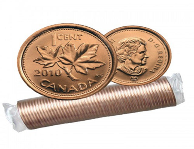 2010  Canadian 1-Cent Maple Leaf Twig Penny Coin Roll Non Magnetic -50 Coins BU