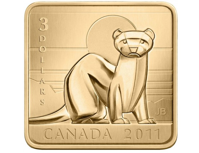 Série de 3 $ sur la conservation de la faune 2011 : Pièce carrée plaquée or en argent sterling avec furet à pattes noires