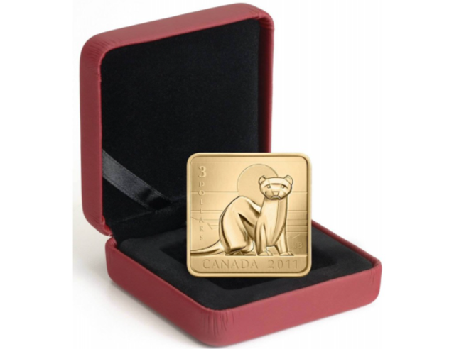 Série de 3 $ sur la conservation de la faune 2011 : Pièce carrée plaquée or en argent sterling avec furet à pattes noires