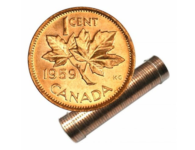 1959 Kanadische 1-Cent Maple Leaf Twig Penny Roll in Tube BU