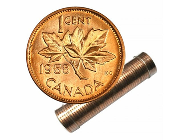 1958 Canadian 1-Cent Maple Leaf Twig Penny Coin Roll in tube  -50 Coins BU