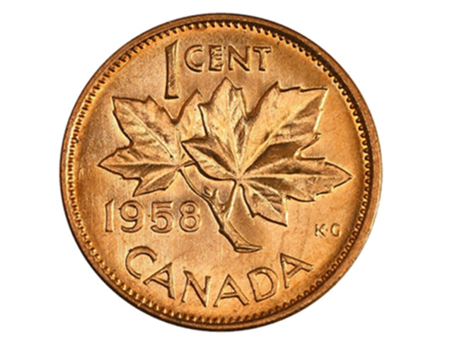 1958 Rouleau de pièces de monnaie canadiennes en forme de feuille d'érable de 1 cent en tube -50 pièces BU