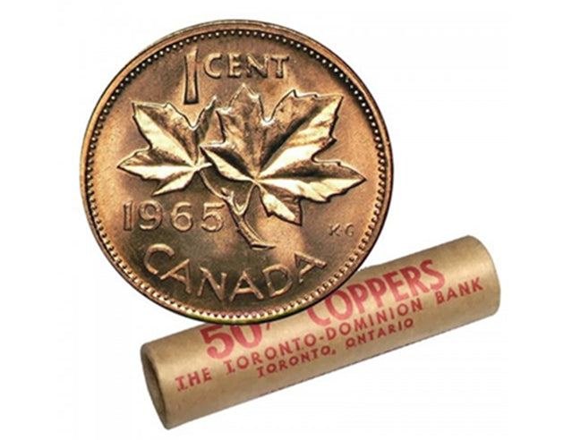 1965 Canadian 1-Cent Maple Leaf Twig Penny Coin Roll  -50 Coins BU