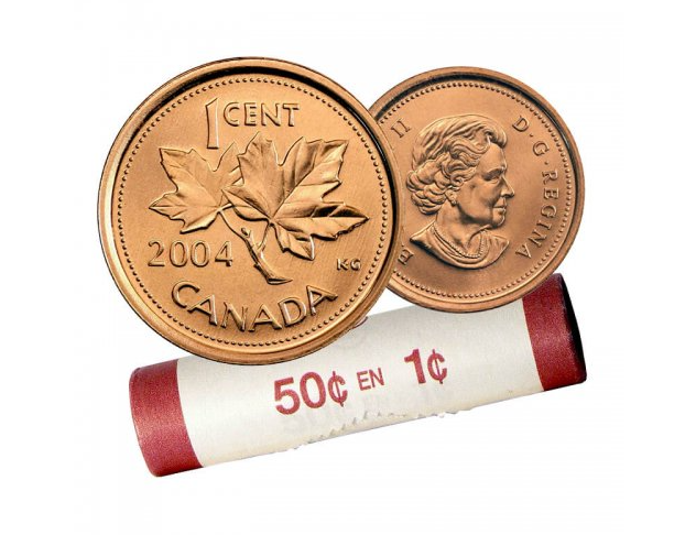 2004  Canadian 1-Cent Maple Leaf Twig Penny Coin Roll No P  -50 Coins BU