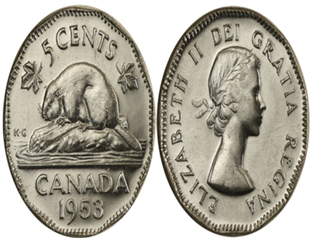 Pièce canadienne de 5 cents en nickel castor de 1953 (circulée) VF