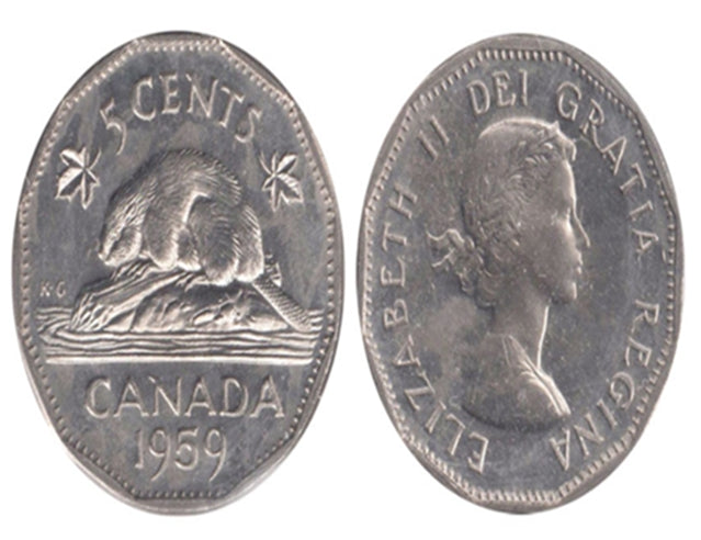 Pièce canadienne de 5 cents en nickel castor de 1959 (circulée) VF