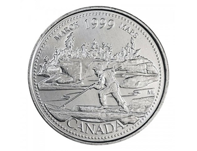 1999 Kanadischer 25-Cent-März: The Log Drive Millennium Quarter Coin UNC