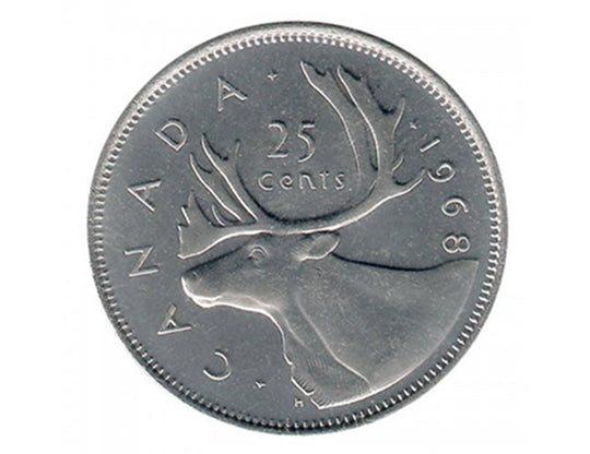 1968 Kanadische 25-Cent-Caribou-Nickel-Viertelmünze (im Umlauf)