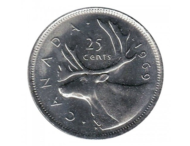 Pièce de monnaie canadienne de 25 cents en nickel Caribou de 1969 (circulée)