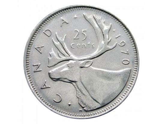 Pièce de monnaie canadienne de 25 cents en nickel Caribou de 1970 (circulée)