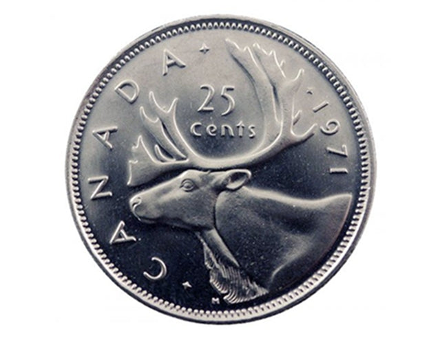 Pièce de monnaie canadienne de 25 cents en nickel Caribou de 1971 (circulée)