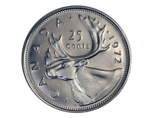 Pièce de monnaie canadienne de 25 cents en nickel Caribou de 1972 (circulée)