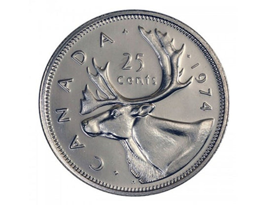 Pièce de monnaie canadienne de 25 cents caribou de 1974 (circulée)