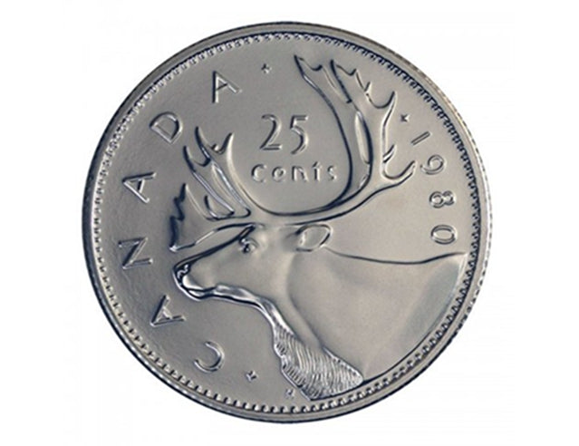 Pièce de monnaie canadienne de 25 cents caribou de 1980 (circulée)