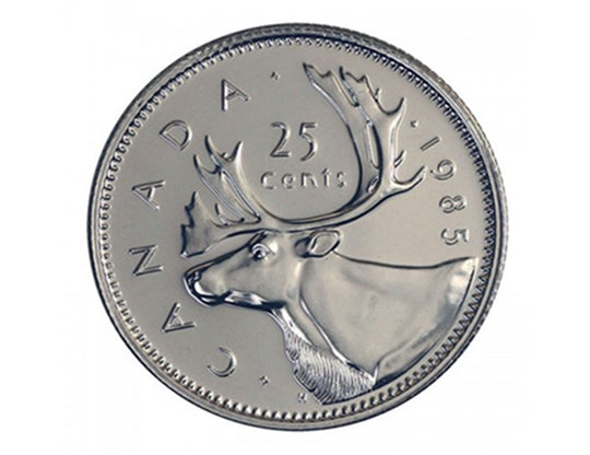 Pièce de monnaie canadienne de 25 cents en caribou de 1985 (circulée)