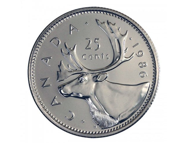 Pièce de monnaie canadienne de 25 cents caribou de 1986 (circulée)