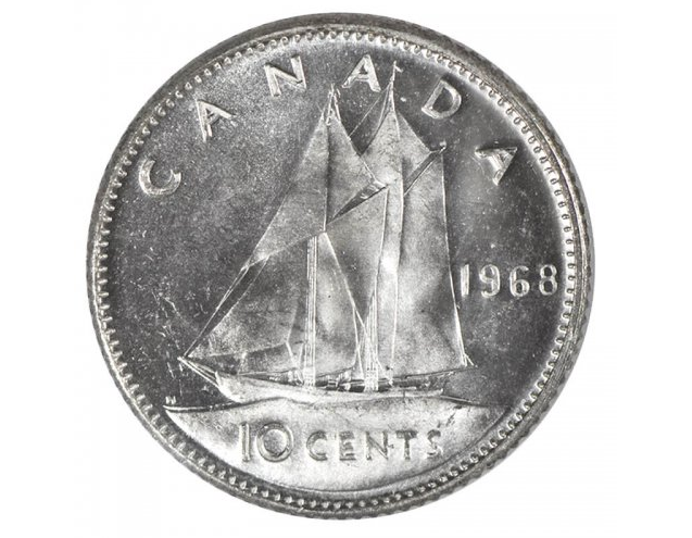 1968 Kanadische 10-Cent Bluenose Schooner Dime Silbermünze BU