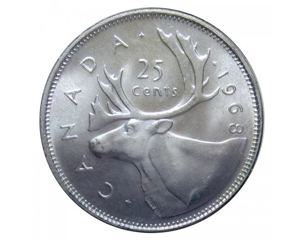 1968 Pièce de quart d'argent caribou canadien de 25 cents BU