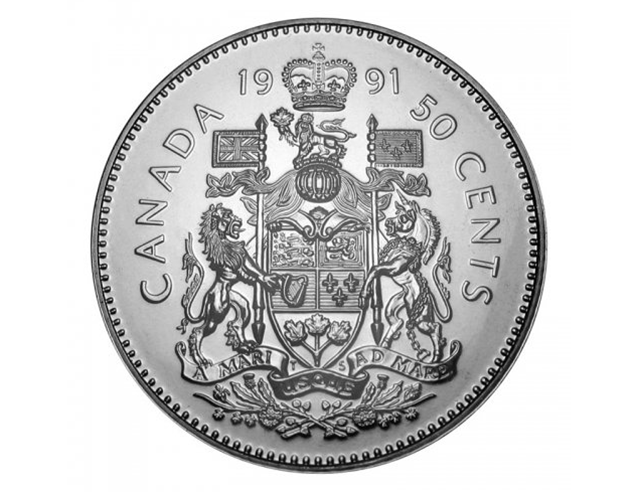 1991 Canadian 50-Cent Coat of Arms Half Dollar Coin BU