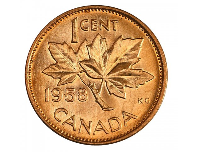 1958 Canadian 1-Cent Maple Leaf Twig Penny  BU