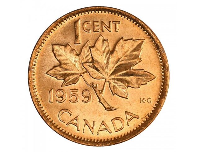 1959 Kanadischer 1-Cent Maple Leaf Twig Penny BU