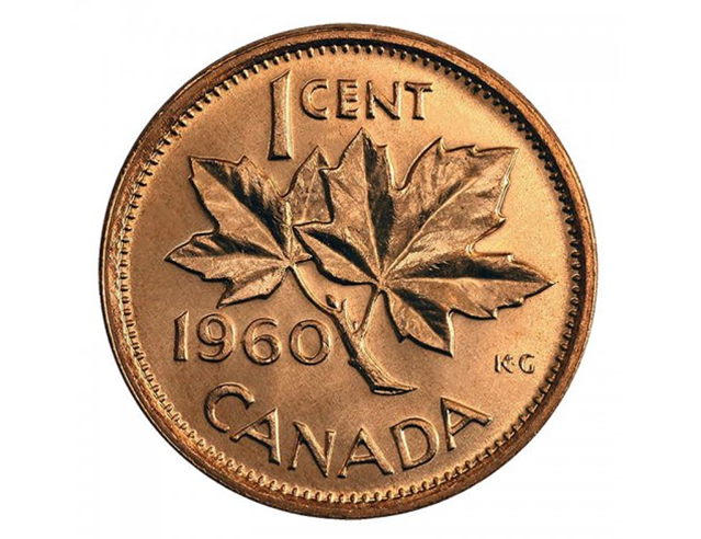 1960 Canadian 1-Cent Maple Leaf Twig Penny  BU