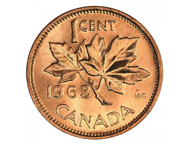 Pièce de monnaie canadienne de 1 cent en forme de feuille d'érable de 1963, BU