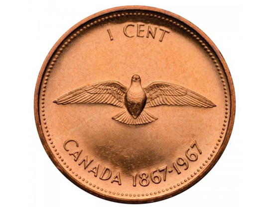 1967 kanadischer 1-Cent Rock Dove Confederation Centennial Penny BU