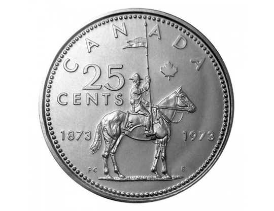 1973 Kanadische 25-Cent RCMP Mounted Police Centennial Quarter Münze UNC