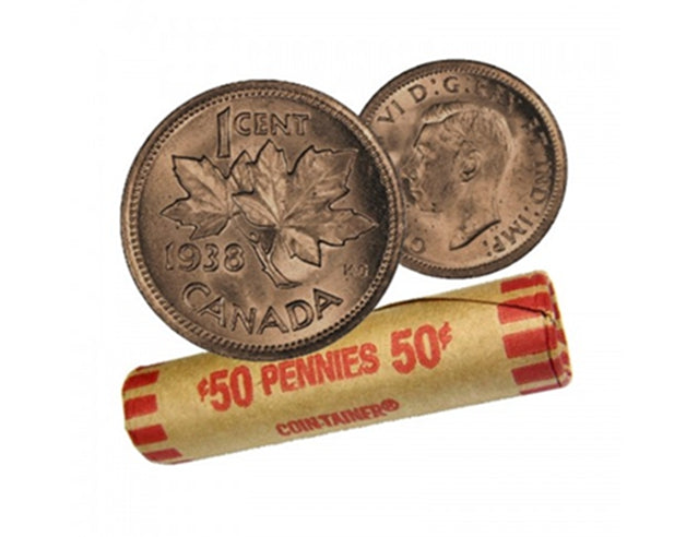 Rouleau de pièces de monnaie canadiennes en forme de feuille d'érable de 1 cent, 1938, en circulation (50 pièces)