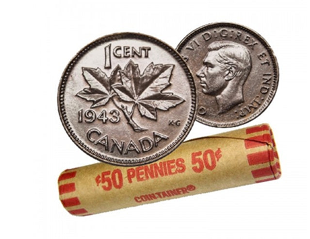 1943 Canadian 1-Cent Maple Leaf Twig Penny Coin Roll  Circulated(50 Coins)