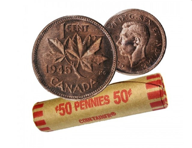 1945 Canadian 1-Cent Maple Leaf Twig Penny Coin Roll  Circulated(50 Coins)