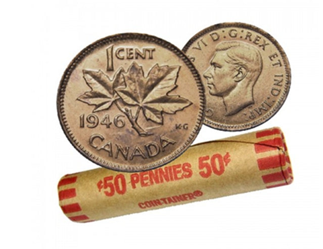 1946 Rouleau de pièces de monnaie canadiennes en forme de feuille d'érable de 1 cent en circulation (50 pièces)