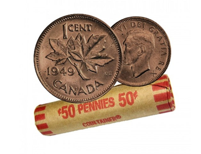 1949 Canadian 1-Cent Maple Leaf Twig Penny Coin Roll  Circulated(50 Coins)