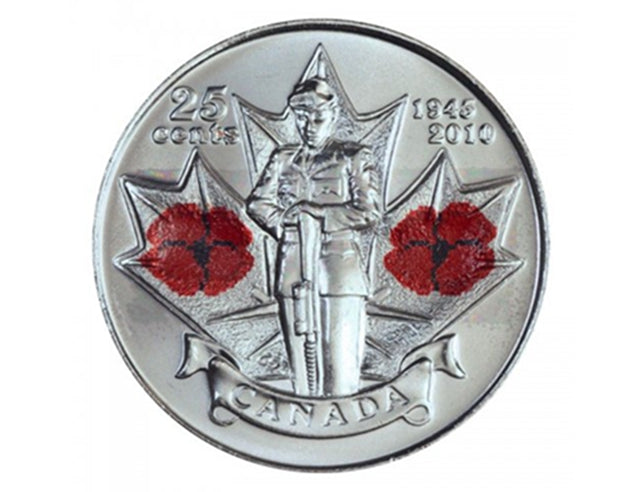 2010 Coquelicot du Souvenir canadien de 25 cents/Pièce de monnaie colorée du 65e anniversaire de la Seconde Guerre mondiale BU