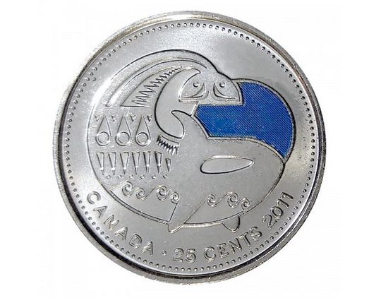 2011 Nature légendaire canadienne de 25 cents : pièce de monnaie colorée d'une baleine d'orque BU