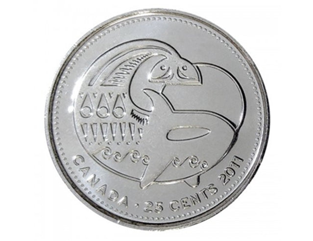 2011 Kanadische 25-Cent-Viertelmünze „Legendary Nature: Orca Whale“, nicht gefärbt, BU