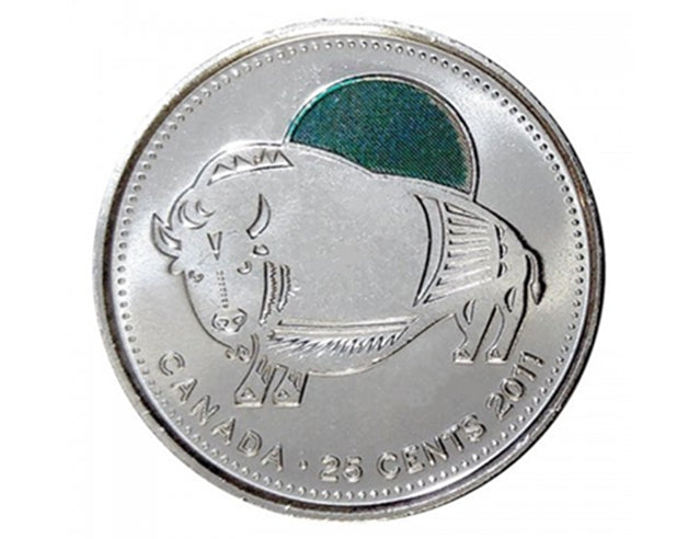 2011 Kanadische 25-Cent-Viertelmünze „Legendary Nature: Wood Bison Coloured“, BU