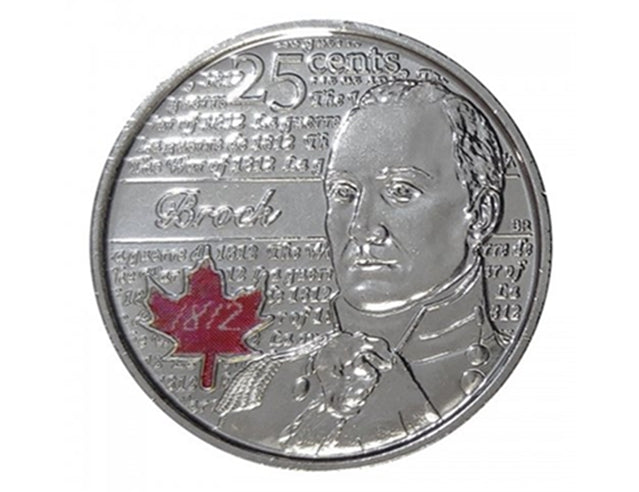 2012 Héros canadiens de 25 cents de 1812 : Pièce de quart colorée de Sir Isaac Brock BU