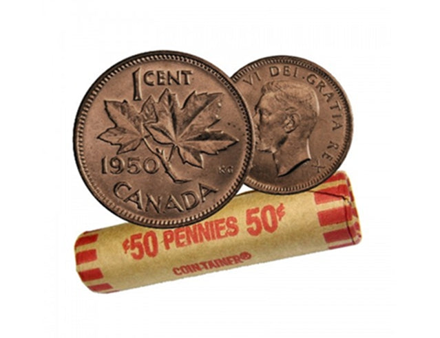 1950 Canadian 1-Cent Maple Leaf Twig Penny Coin Roll -50 Coins Circulated