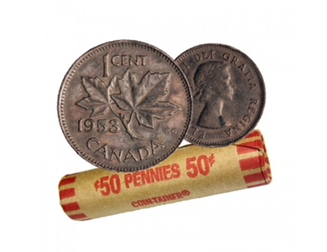 1953 Canadian 1-Cent Maple Leaf Twig Penny Coin Roll -50 Coins Circulated