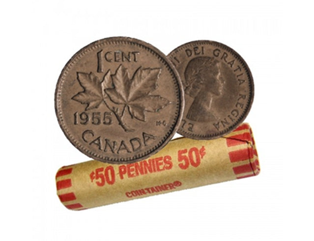 1955 Canadian 1-Cent Maple Leaf Twig Penny Coin Roll -50 Coins Circulated