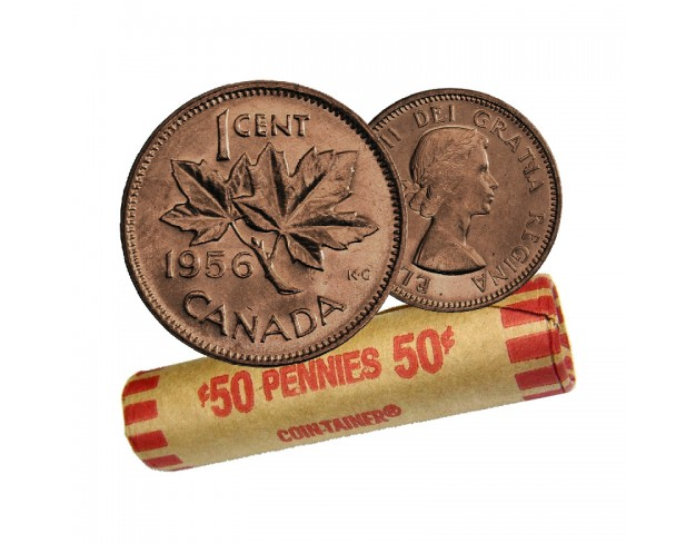 1956 Rouleau de pièces de monnaie canadiennes de 1 cent en forme de feuille d'érable - 50 pièces en circulation