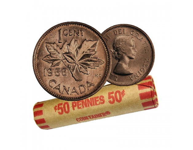 Rouleau de pièces de monnaie canadiennes de 1 cent en feuille d'érable de 1958 - 50 pièces en circulation