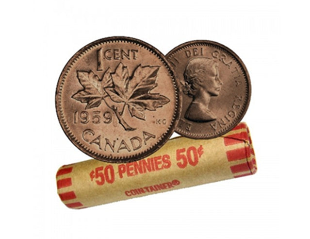 1959 Canadian 1-Cent Maple Leaf Twig Penny Coin Roll -50 Coins Circulated