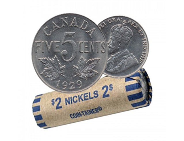 Rouleau de pièces de monnaie canadiennes en nickel castor de 5 cents de 1929 -40 pièces (circulées)