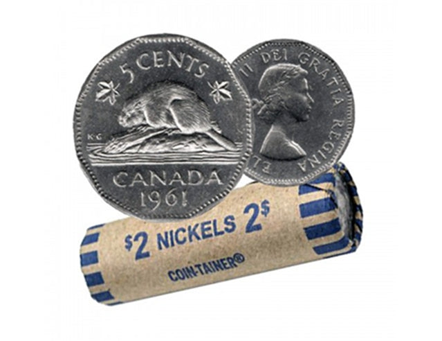 Rouleau de pièces de monnaie canadiennes en nickel castor de 5 cents de 1961 -40 pièces BU